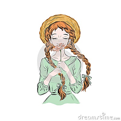 Cheerful girl with braided hair inhale aroma of flower. Vector Illustration